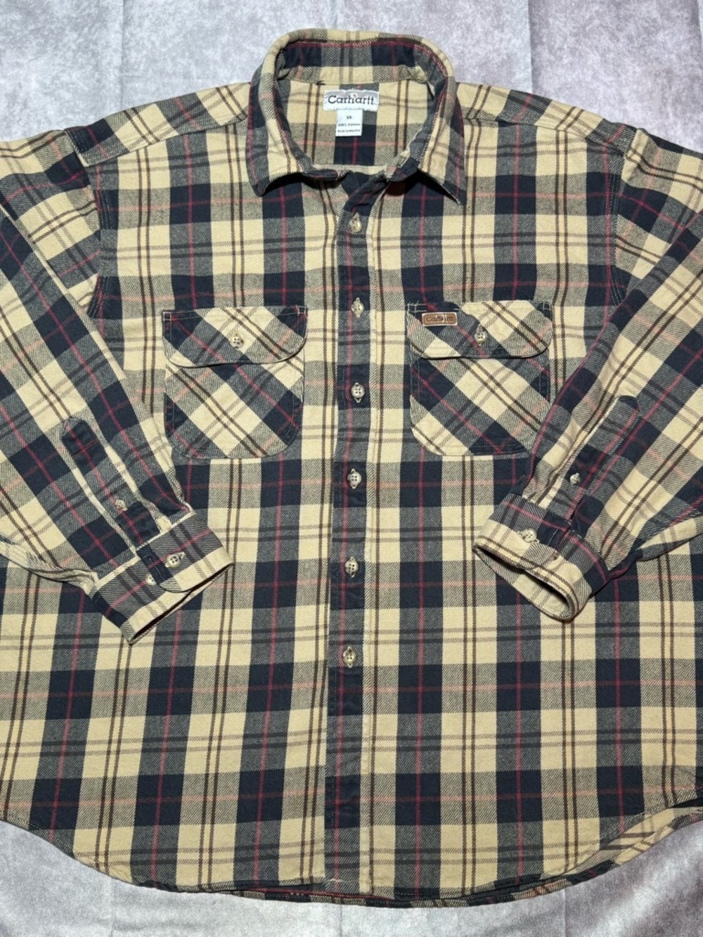 Carhartt Men's Beige, Black & Red Plaid Button-Down Flannel Shirt